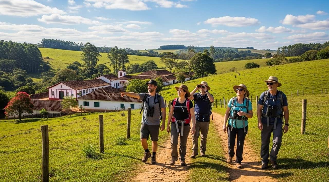 Vista de fazenda histórica e paisagem rural no Brasil