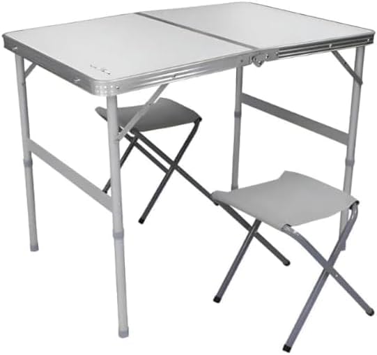 Mesa dobrável tipo maleta de MDF aluminizado branca com 2 banquetas
