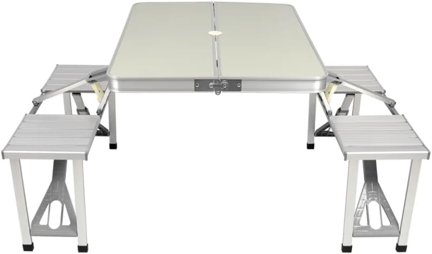 Mesa dobrável de alumínio com 4 banquetas para camping