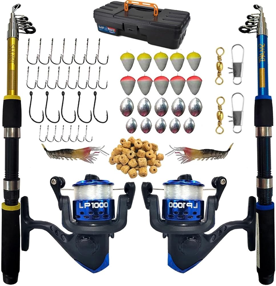 Kit Jaú Pesca com duas varas telescópicas, dois molinetes e acessórios