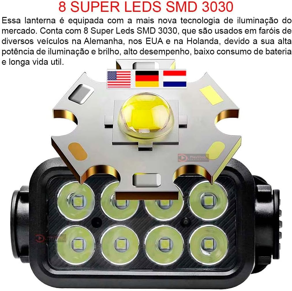 Lanterna de cabeça com 8 LEDs e sensor de movimento à prova d'água IPX5