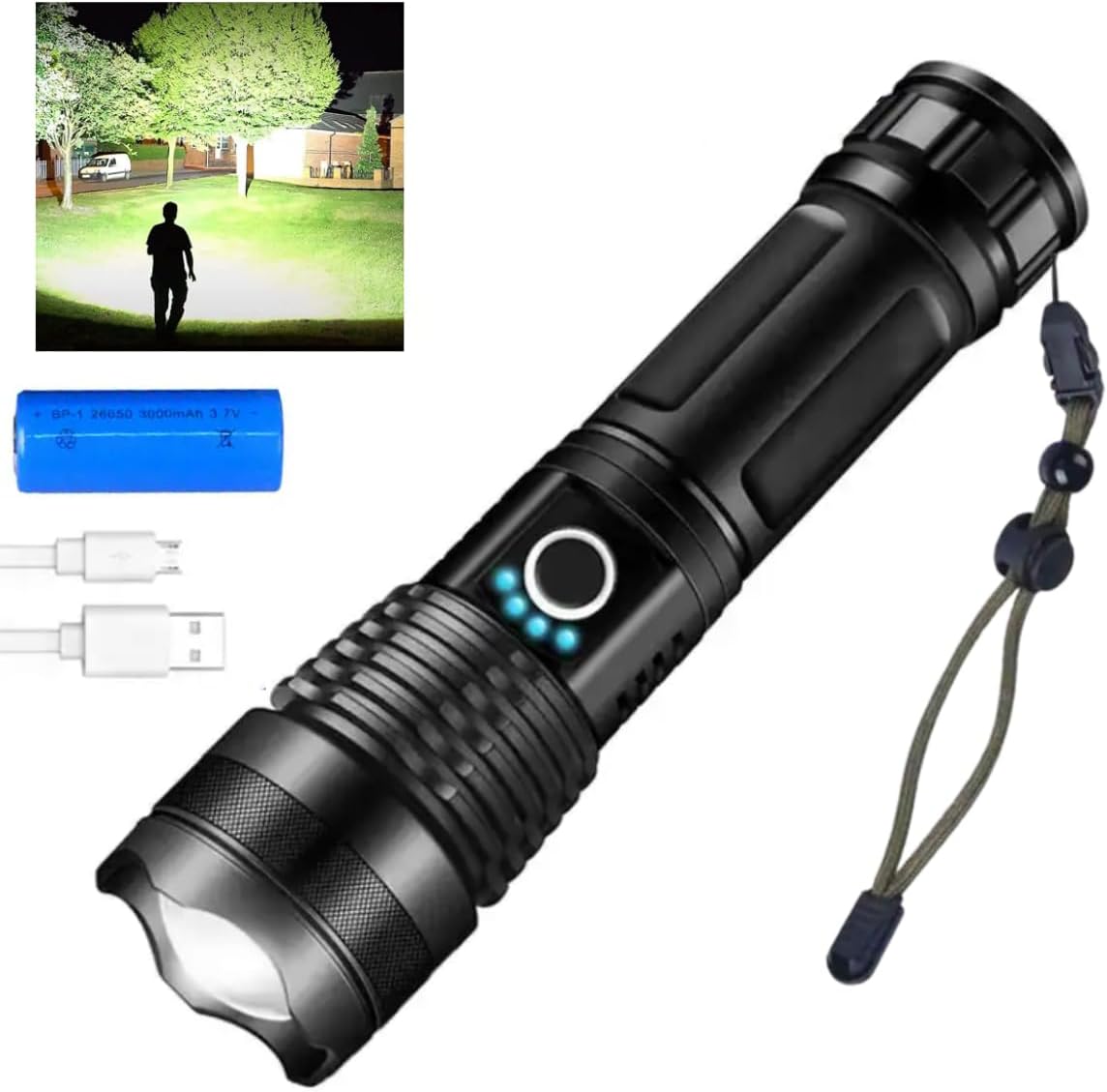 Lanterna tática T9 com LED P50, zoom e bateria recarregável de 12.000 mAh