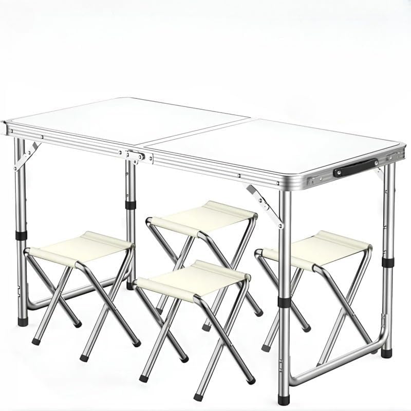 Mesa maleta de alumínio branca reforçada de 120x60 cm com 4 banquetas