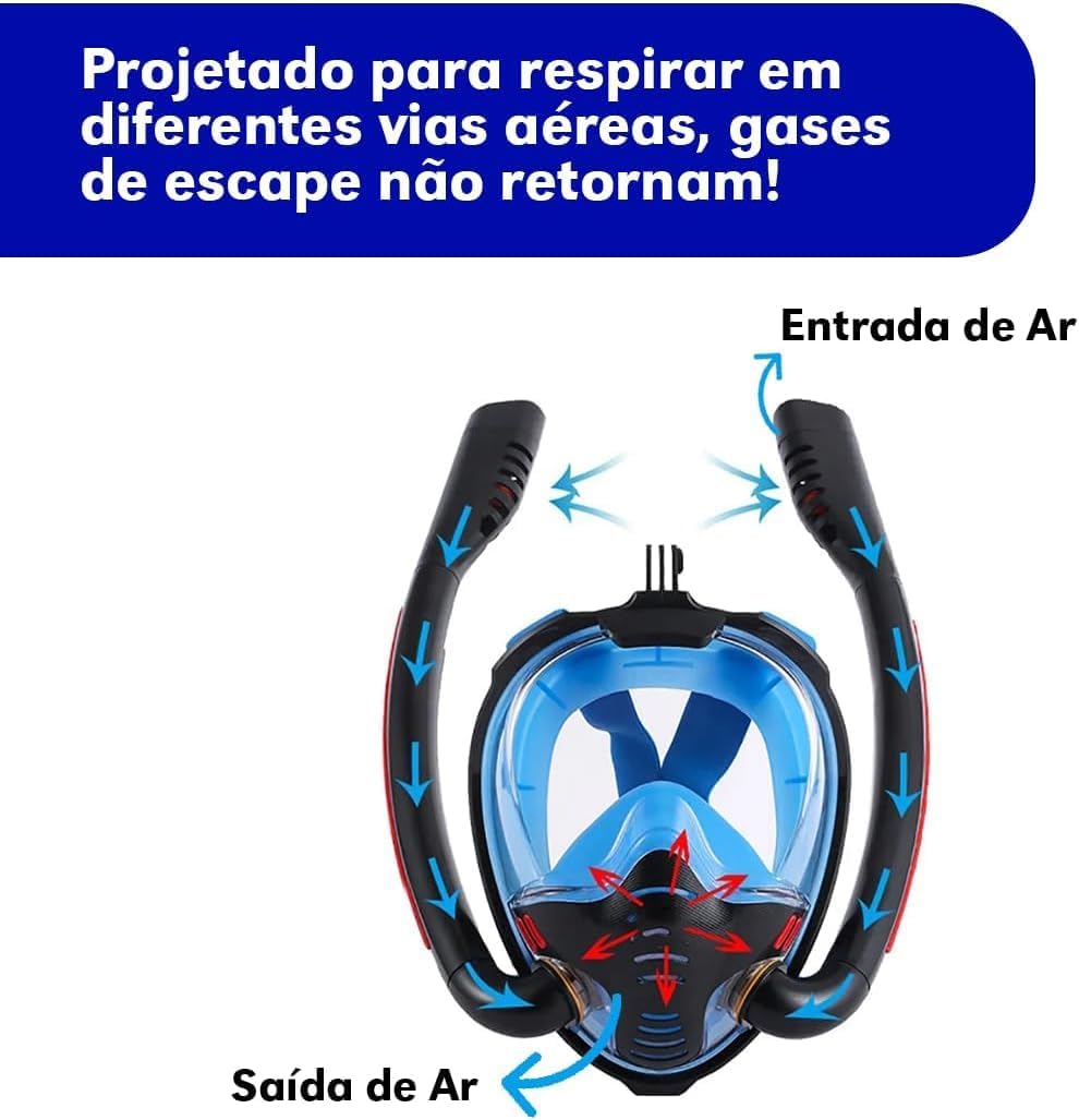 Máscara full face com sistema de snorkel duplo e suporte para câmera