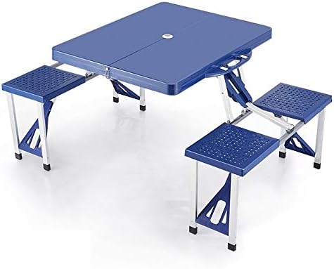 Mesa dobrável de alumínio azul com 4 banquetas para camping