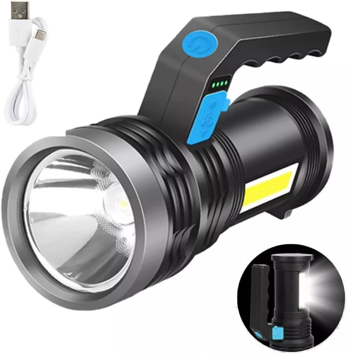 Lanterna holofote recarregável com luz lateral COB e indicador de bateria