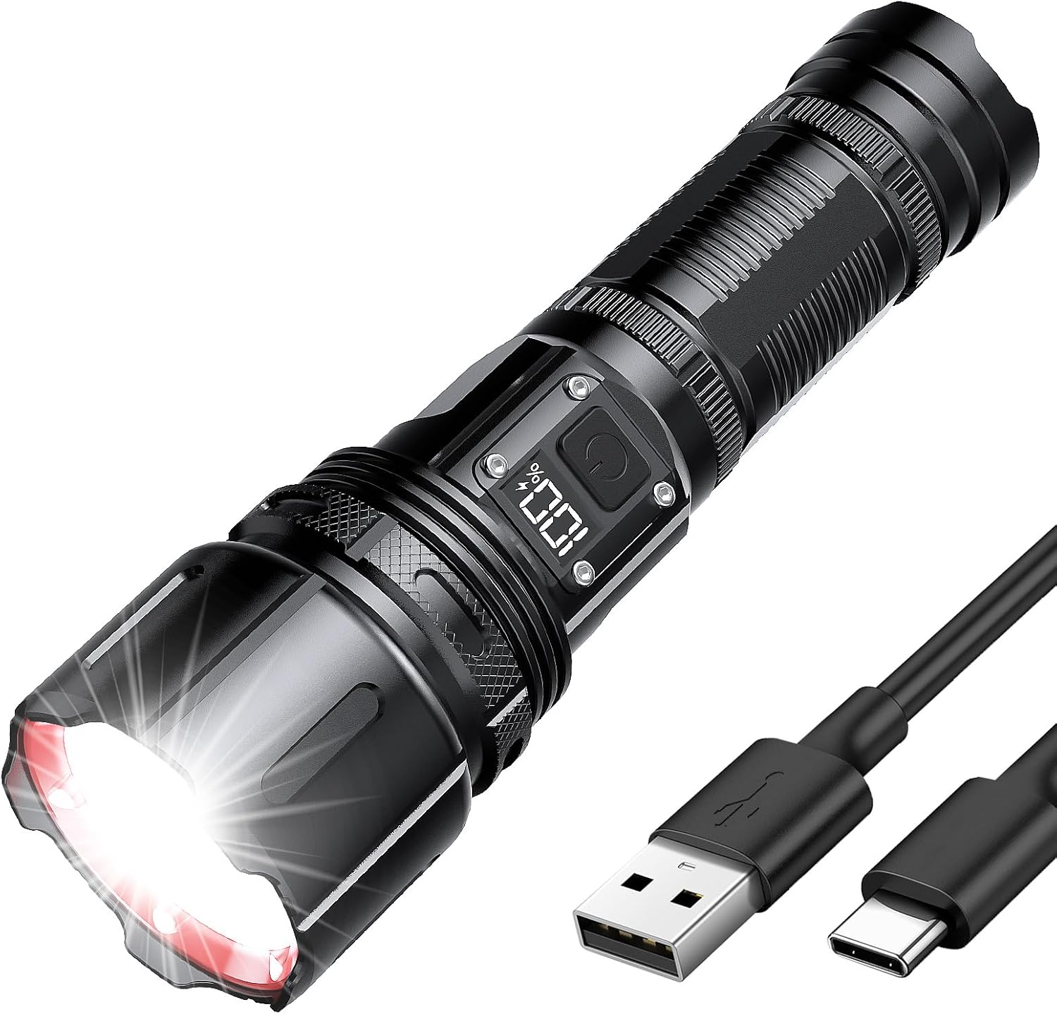 Lanterna tática Sabre de Luz com display digital, zoom e carregamento USB-C
