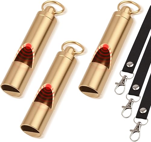 Três apitos de emergência de latão com cordão em kit de 3 unidades