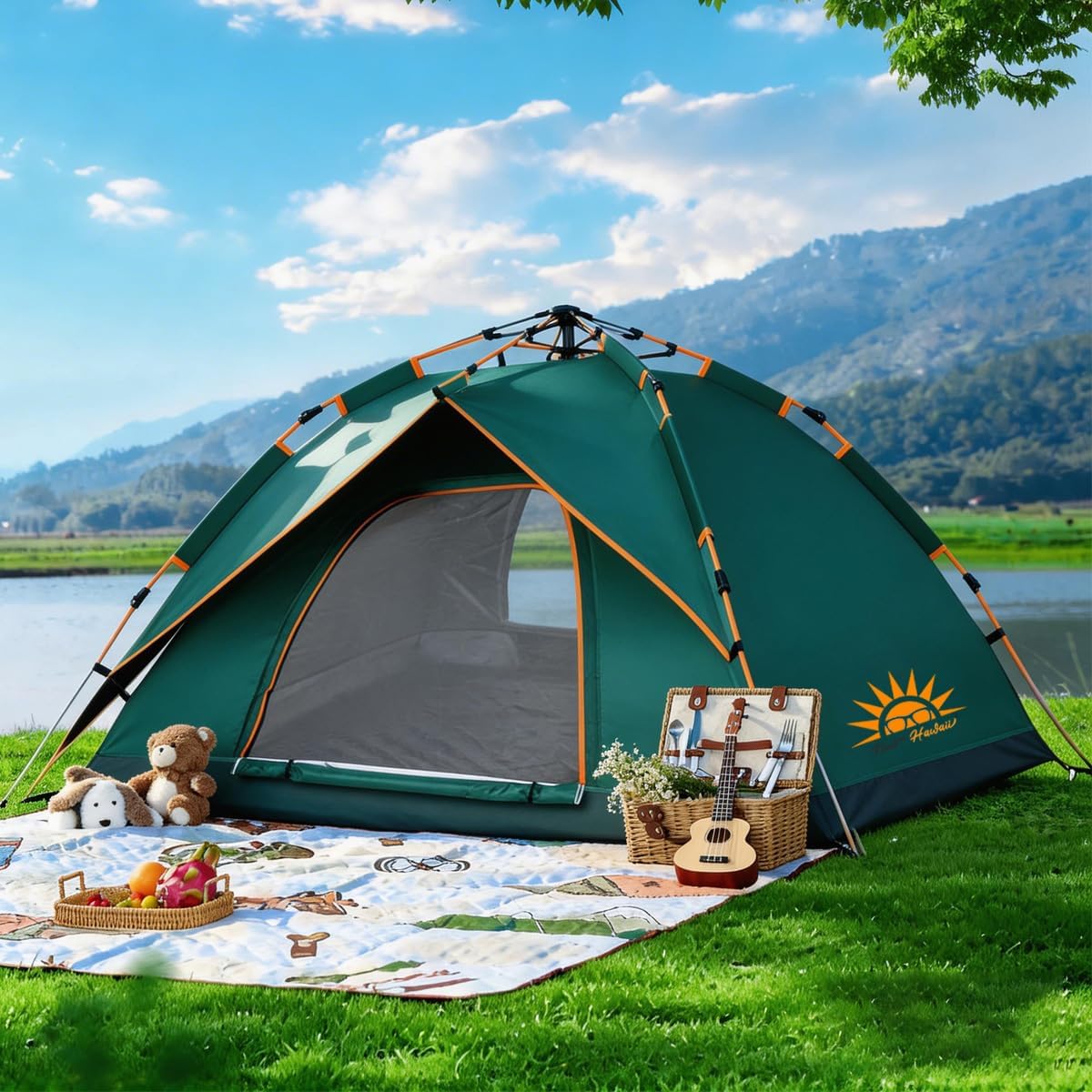 Barraca de camping automática CADINA para 3 a 4 pessoas na cor verde com seis postes