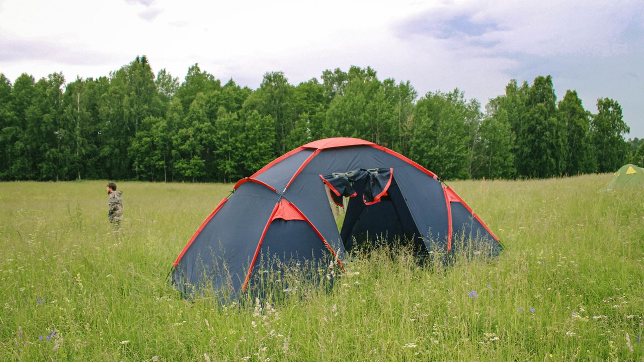 Barraca de camping montada em área verde durante o dia