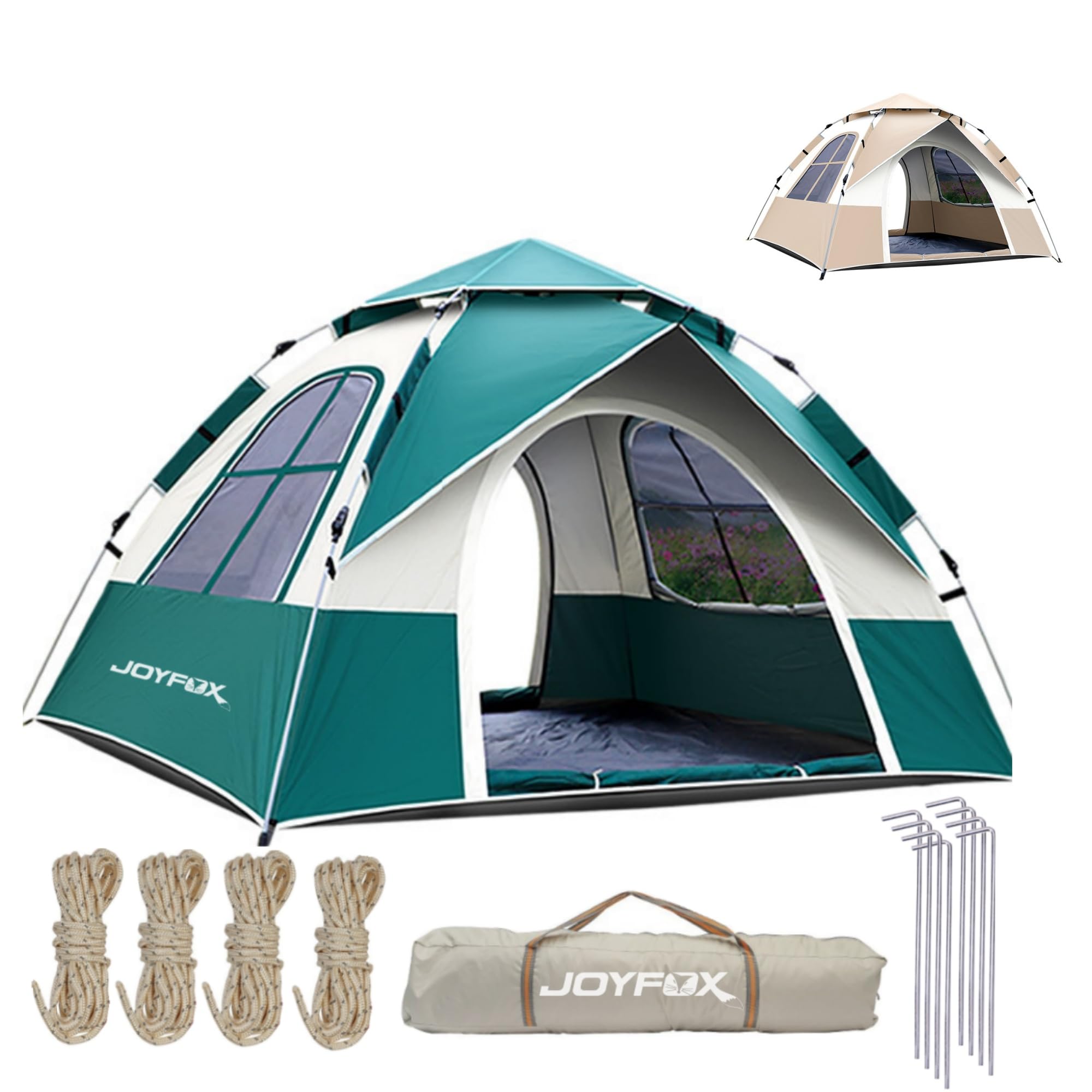 Barraca automática JOYFOX para 3 a 4 pessoas na cor verde com duas portas e duas janelas