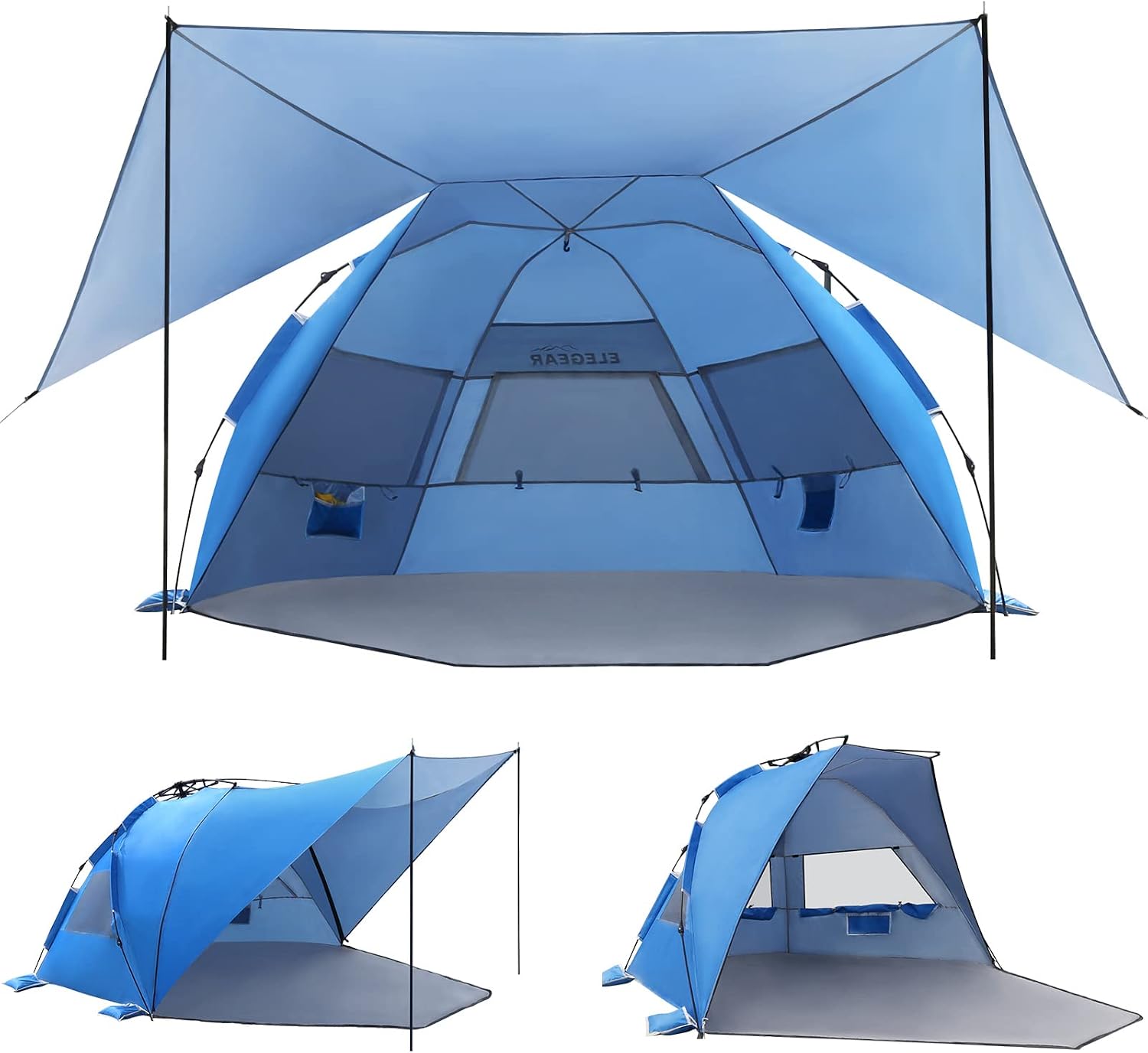 Barraca de praia Elegear pop up na cor azul com toldo removível e três janelas teladas