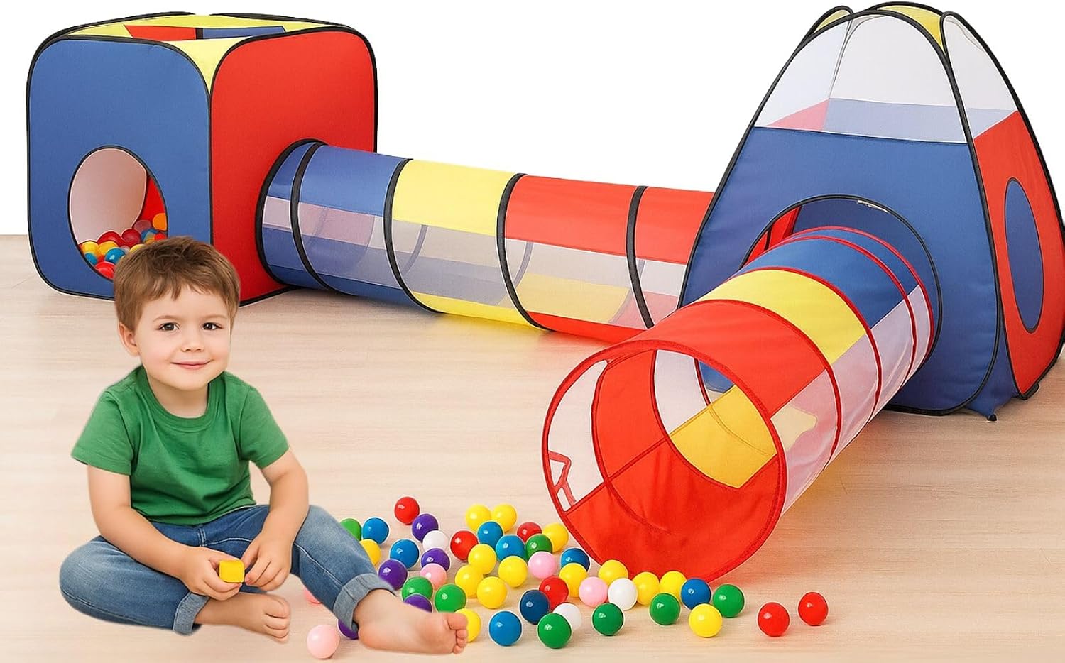 Conjunto de barraca infantil 4 em 1 com duas tocas e dois túneis coloridos