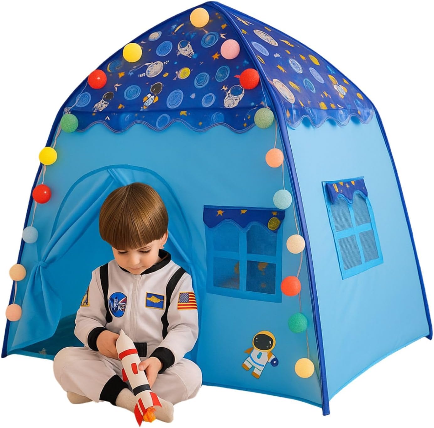 Toca infantil azul dobrável em formato de iglu com janela telada