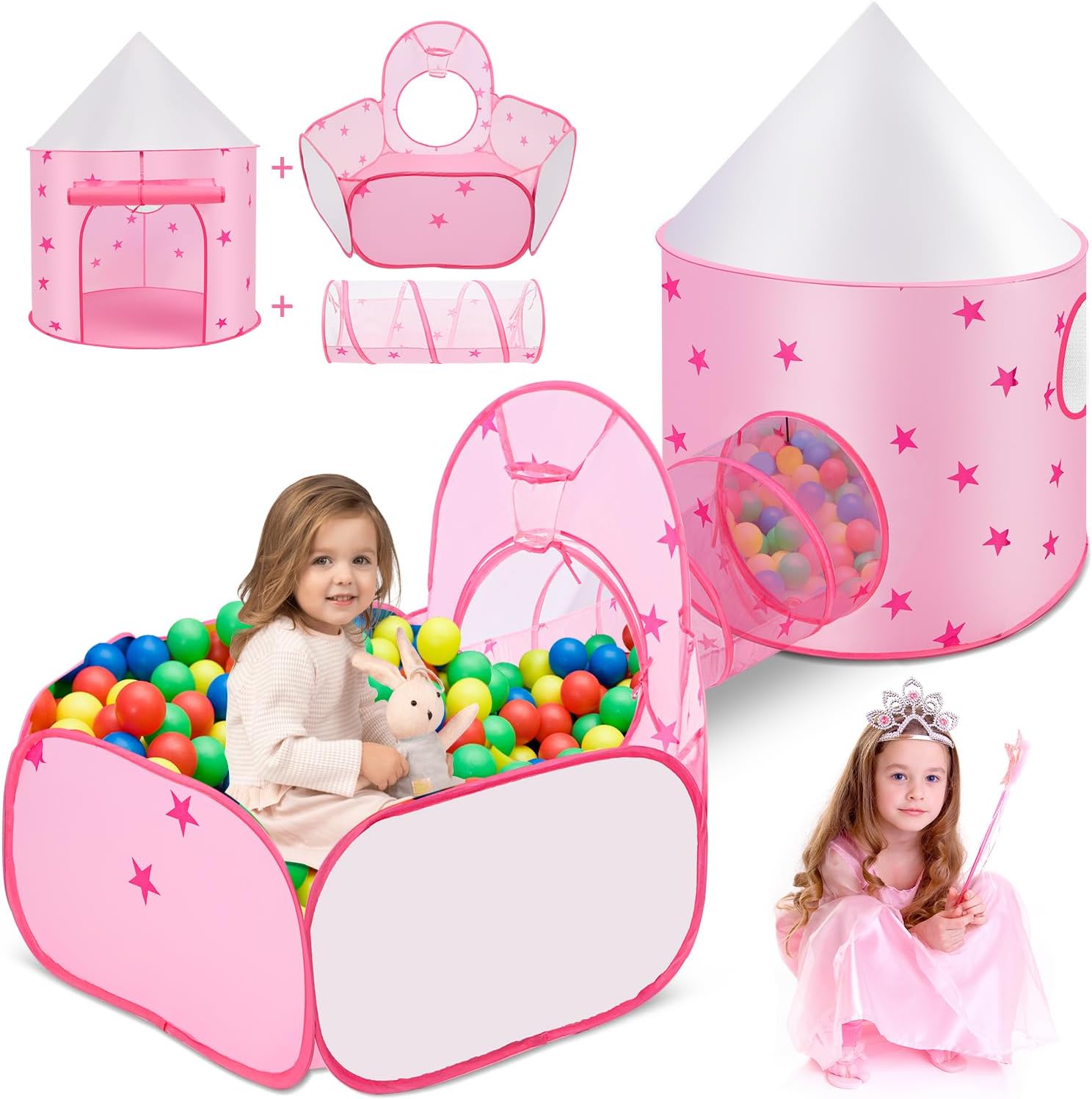 Conjunto de barraca infantil Tundala 3 em 1 rosa com toca, túnel e piscina de bolinhas