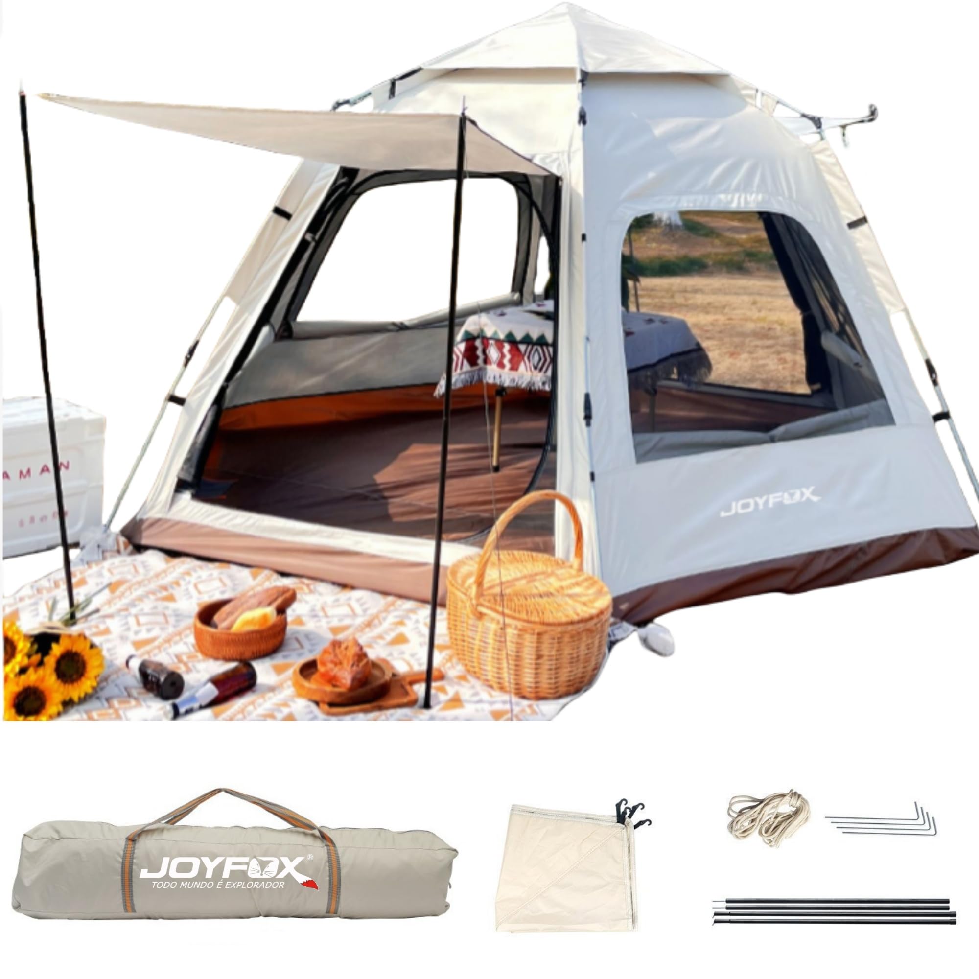 Tenda hexagonal Joyfox para 5 a 8 pessoas com mosquiteiros nas janelas
