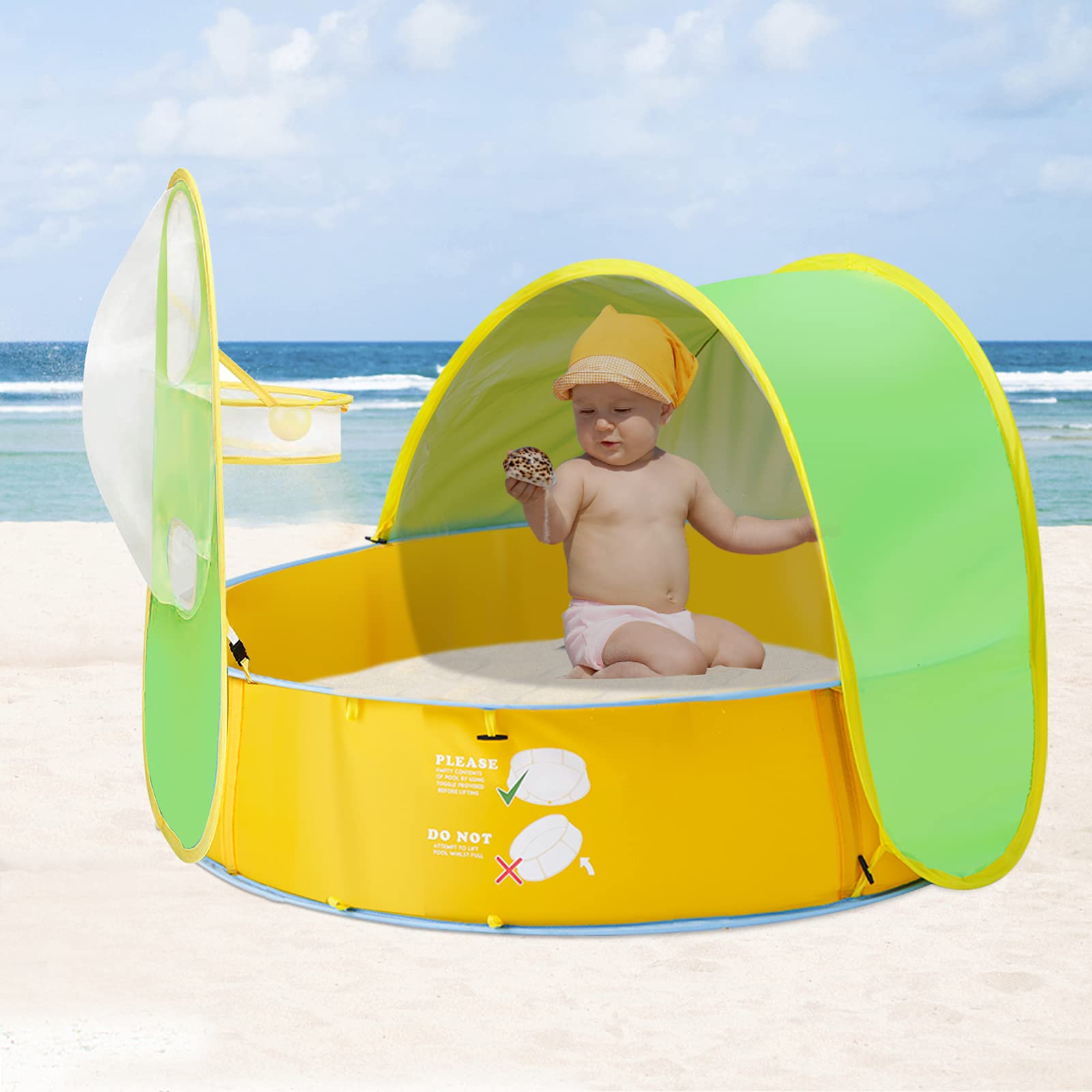 Barraca de praia FBSPORT com piscina integrada, arco de basquete e proteção FPS 50+