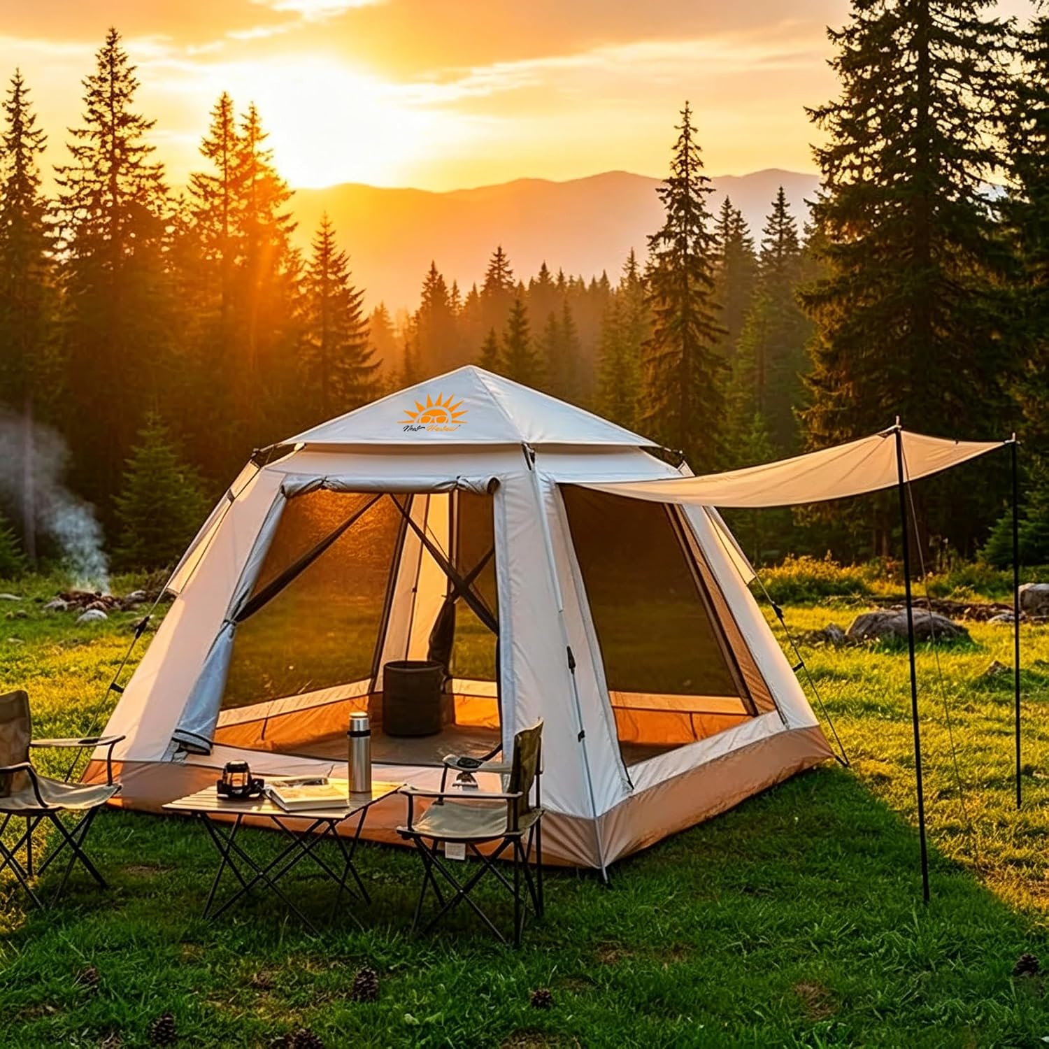 Barraca de camping CADINA automática bege para 4 a 6 pessoas com mosquiteiro e cobertura solar