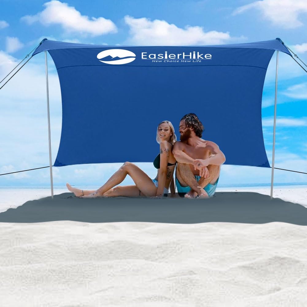 Barraca de praia EasierHike com quatro sacos de areia para ancoragem no vento