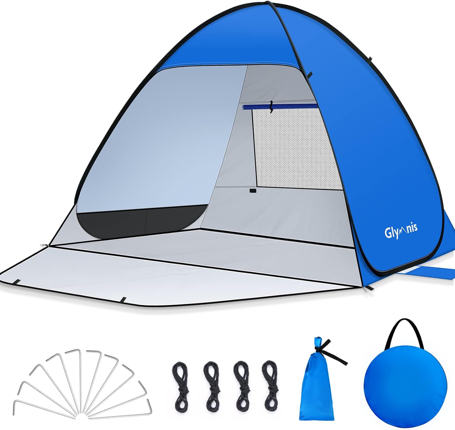 Barraca de praia Glymnis pop up para 1 a 4 pessoas na cor azul com porta de zíper