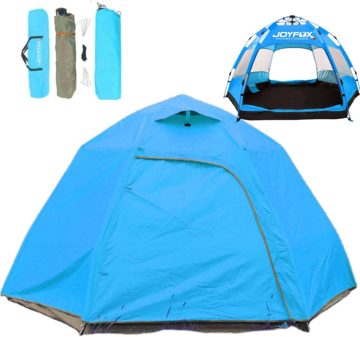 Barraca de camping JOYFOX automática azul para 3 a 4 pessoas com duas portas e quatro janelas