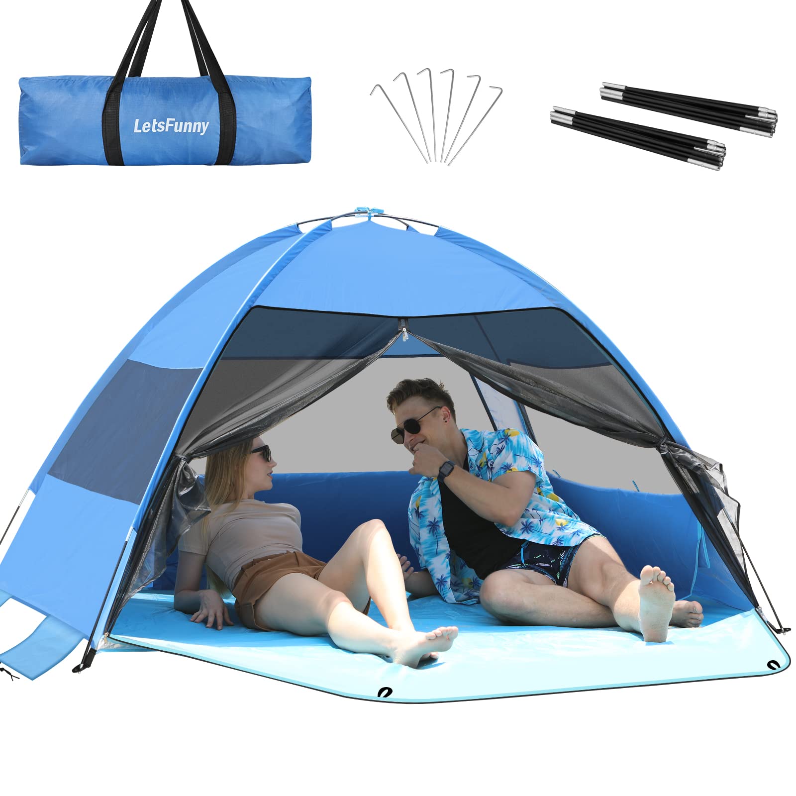 Barraca de praia grande LetsFunny anti-UV com piso estendido e três janelas de tela na cor azul