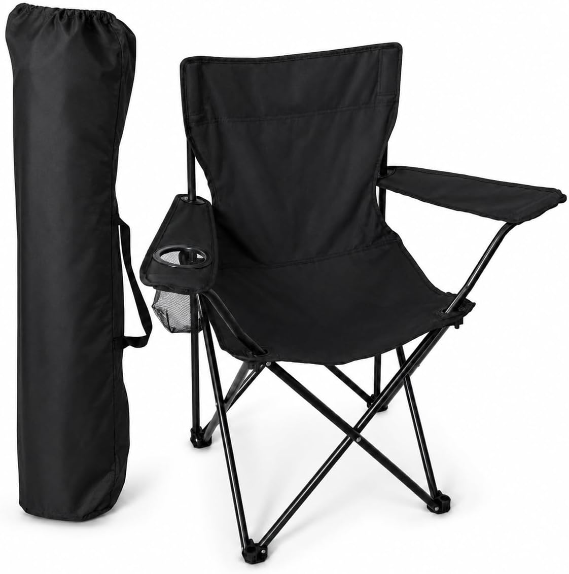 Cadeira de camping dobrável JustGoFit preta com porta-copos e bolsa