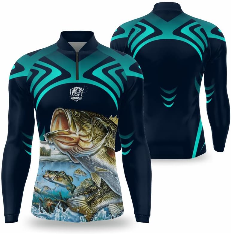 Camisa de pesca azul de manga longa com proteção UV e secagem rápida