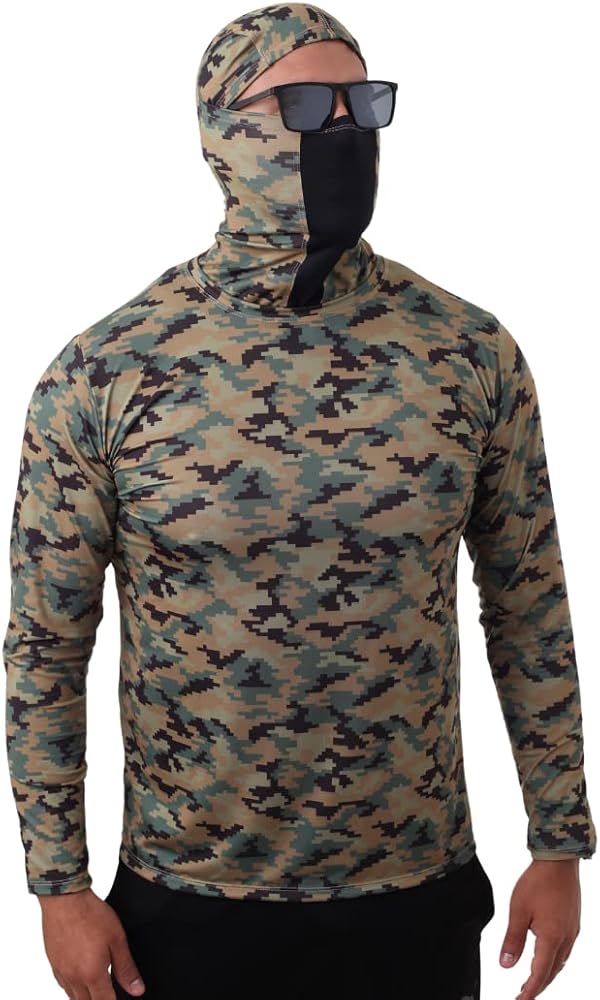 Camisa de pesca com proteção UV50+ e touca ninja integrada na estampa Marpat