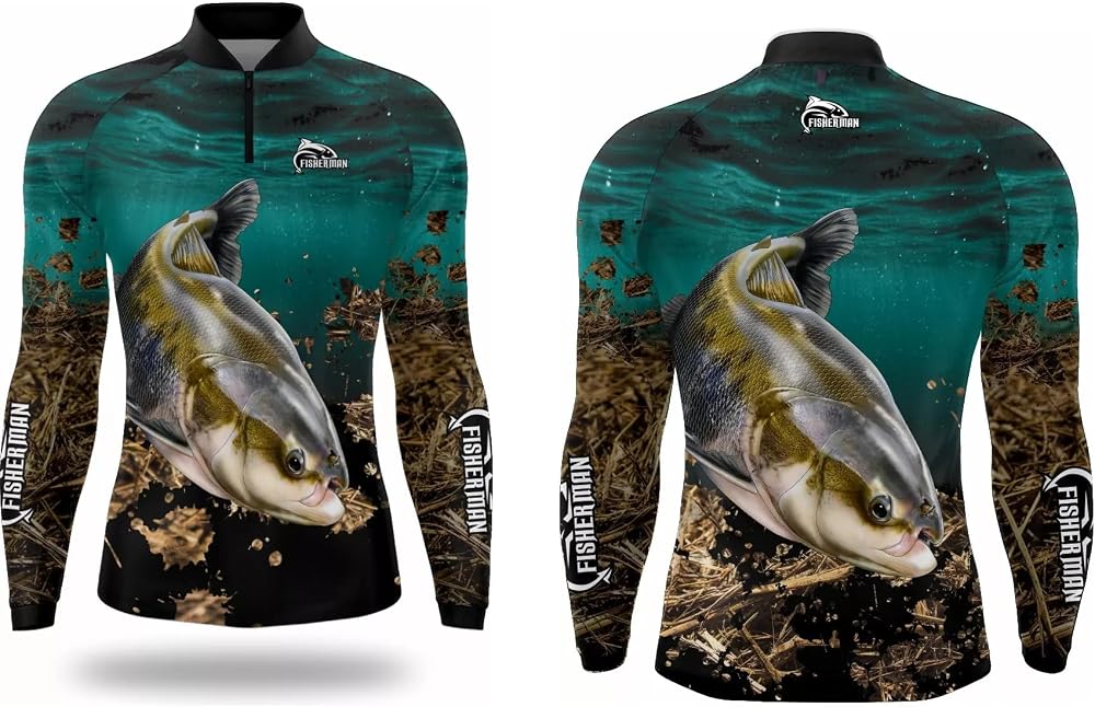 Camisa de pesca masculina com estampa Tambaqui Fisherman Brasil e manga longa