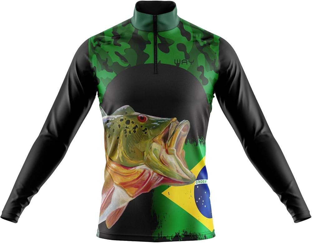 Camisa de pesca Tucunaré Brasil com estampa camuflada e manga longa