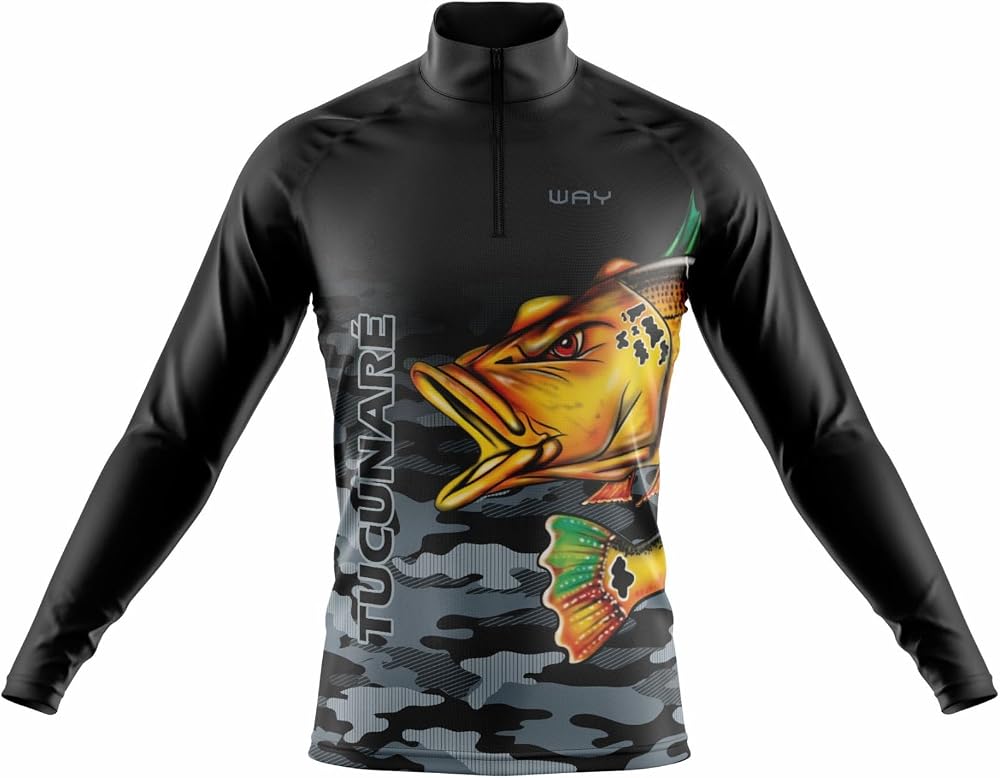 Camisa de pesca masculina Tucunaré camuflada com manga longa e gola alta
