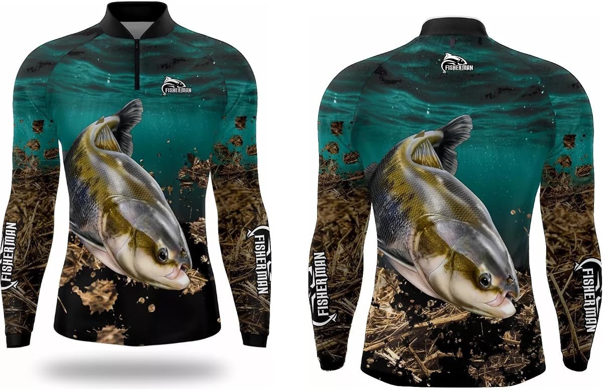 Camisa de pesca masculina com estampa de tambaqui e proteção solar UV50
