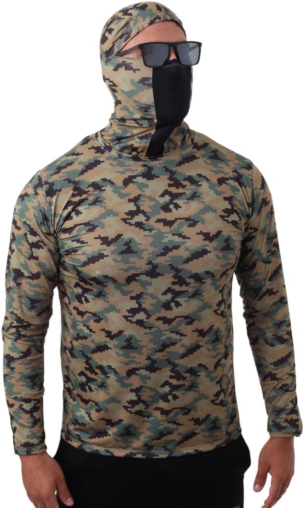 Camisa de pesca camuflada Marpat com proteção UV50+ e touca ninja integrada