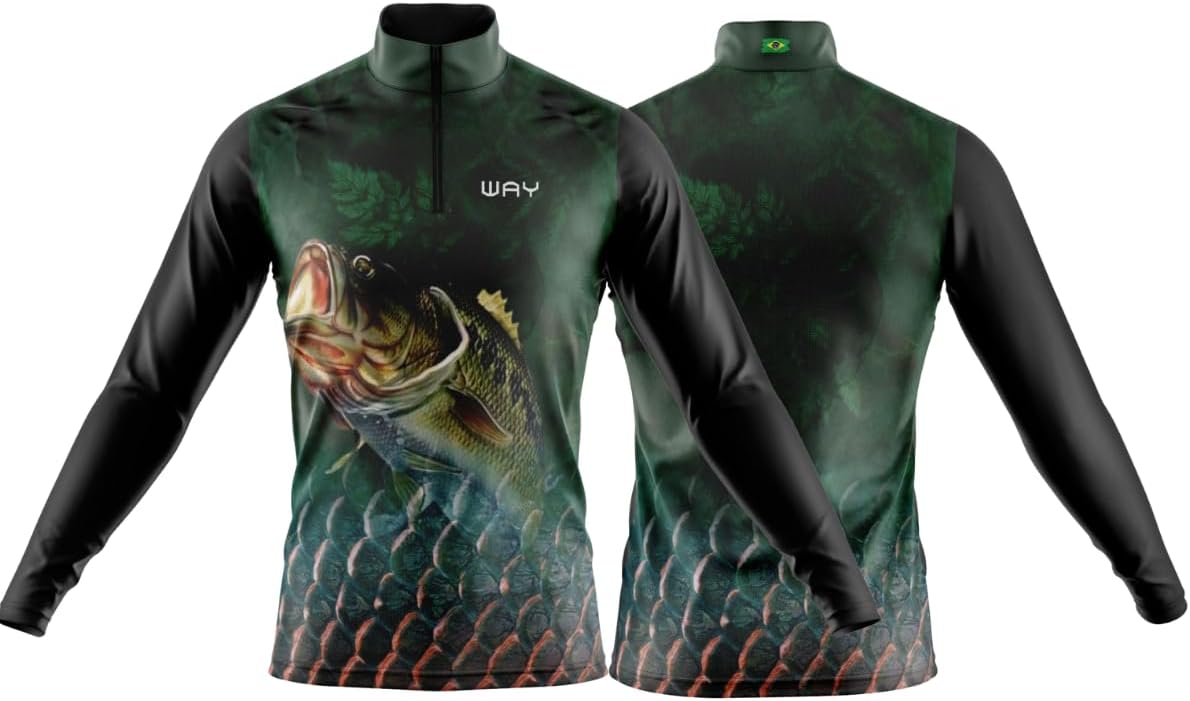 Camiseta de pesca masculina com proteção UV 50 e estampa de peixe Black Bass
