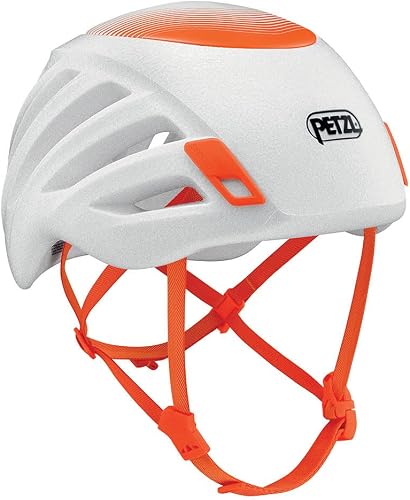 Capacete de escalada Petzl Sirocco branco com detalhes laranja
