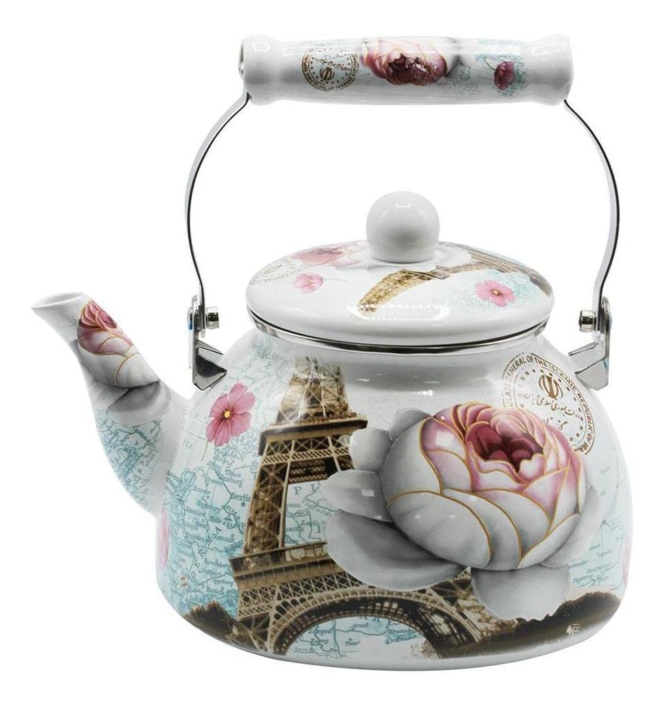 Chaleira esmaltada Paris de 2,5 litros na cor branca com estampa decorativa