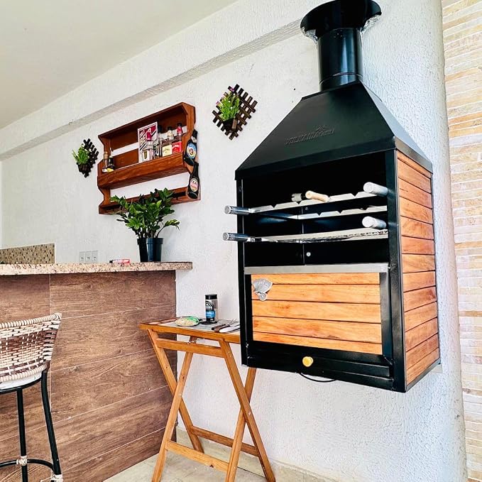Churrasqueira Nossa Kasa Wall Plus para parede ou bancada com madeira e aço carbono