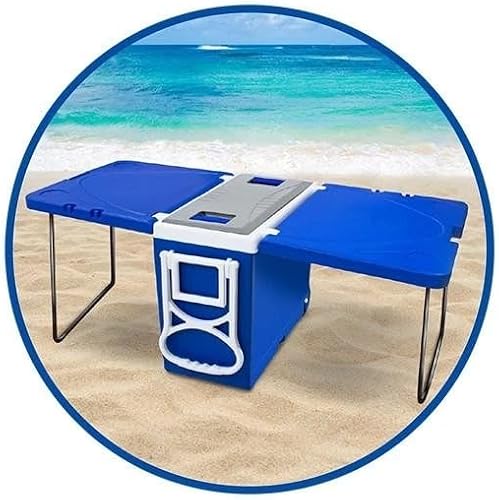 Cooler Valey de 32 litros azul 3 em 1 com duas mesas e rodinhas