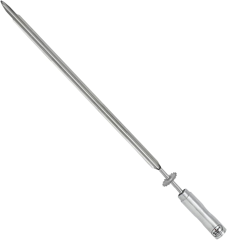 Espeto espada giratório de inox com 65 centímetros e cabo revestido em alumínio