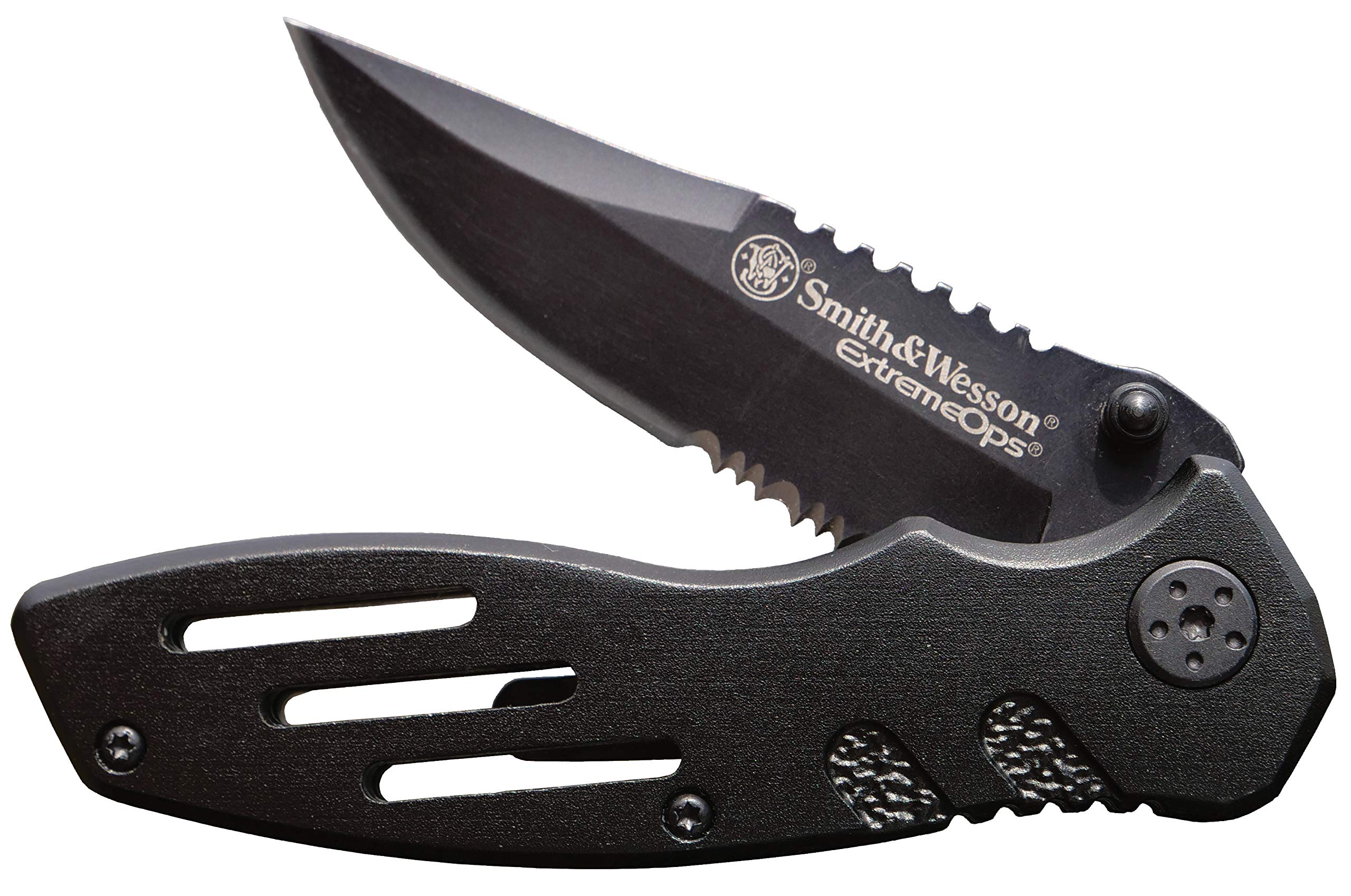 Faca tática dobrável Smith and Wesson Extreme Ops aberta sobre fundo escuro