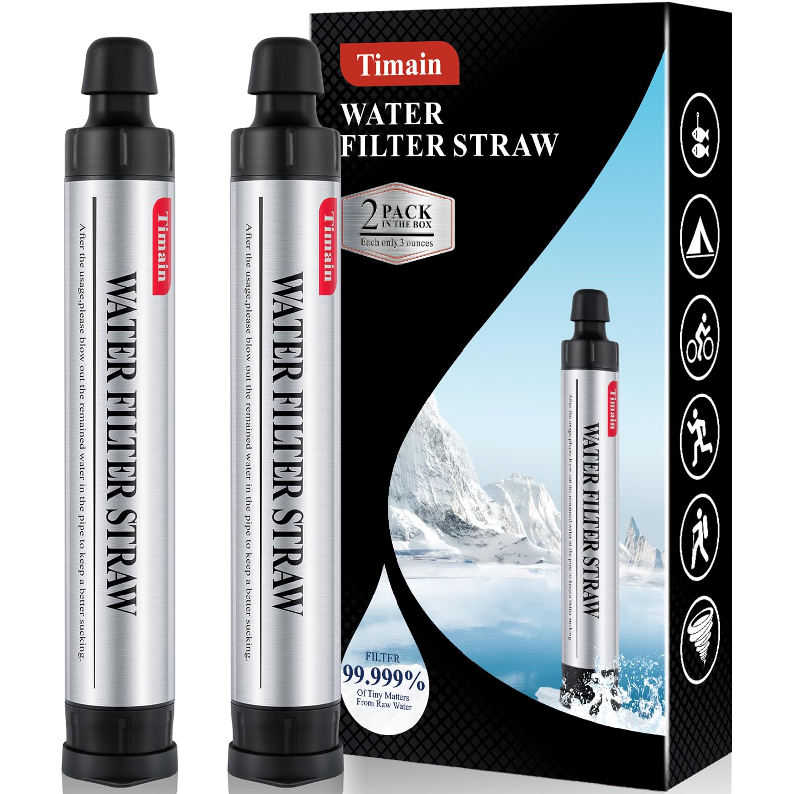 Kit com dois filtros de água tipo canudo Timain de quatro estágios