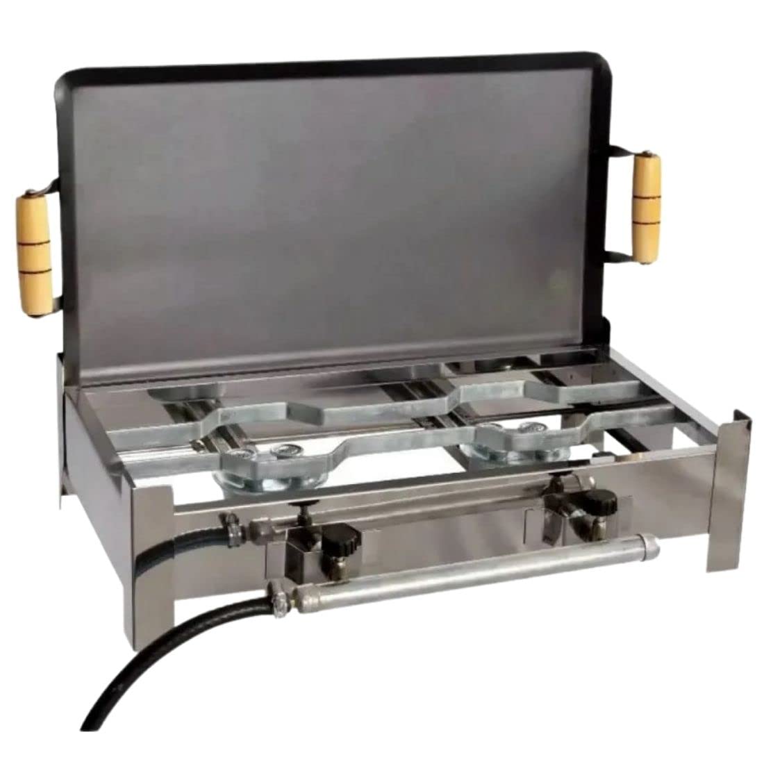 Fogareiro inox de duas bocas com chapa bifeteira e kit de gás