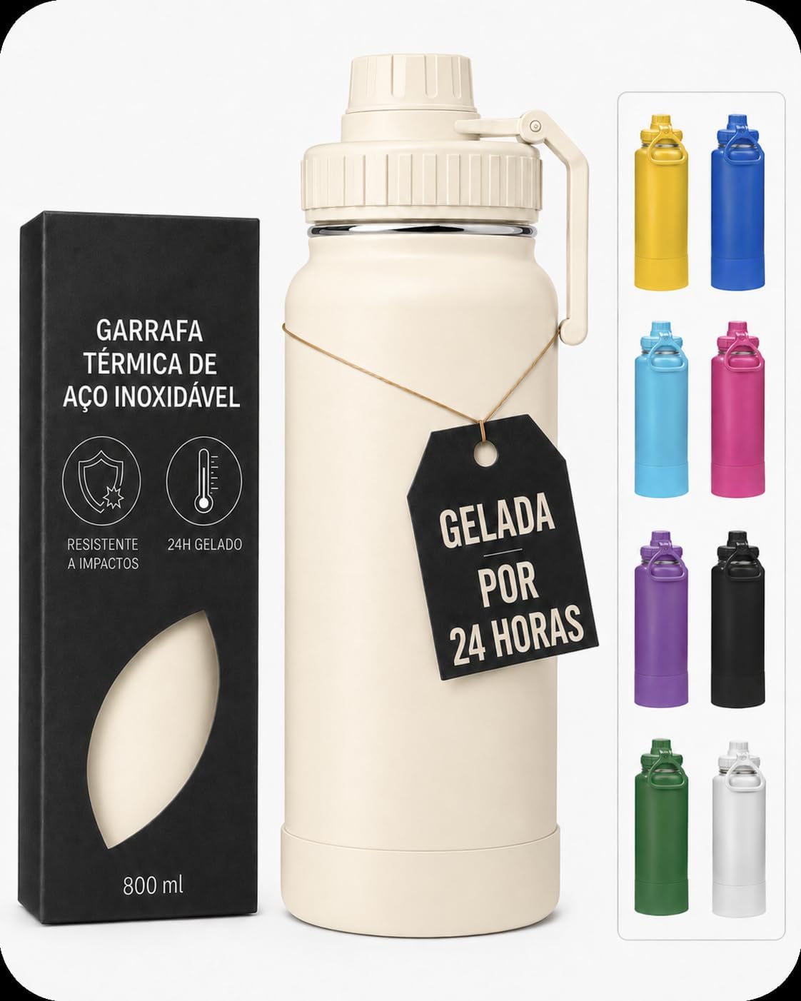 Garrafa térmica de 800 ml na cor creamy com base antiderrapante