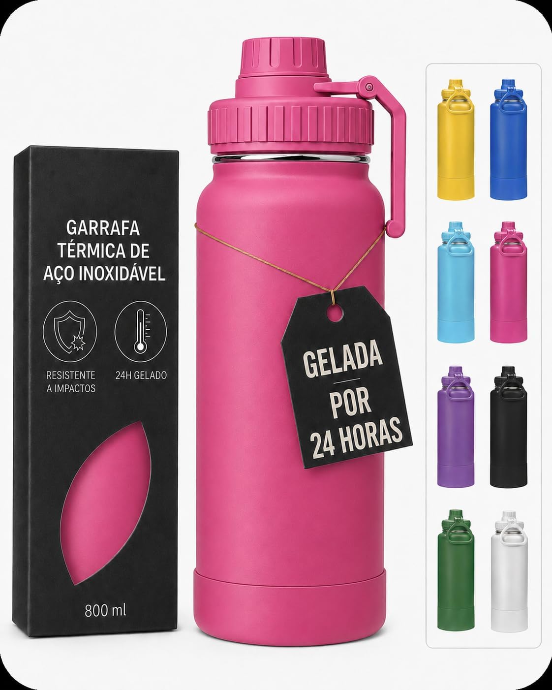 Garrafa térmica de 800 ml rosa com base emborrachada