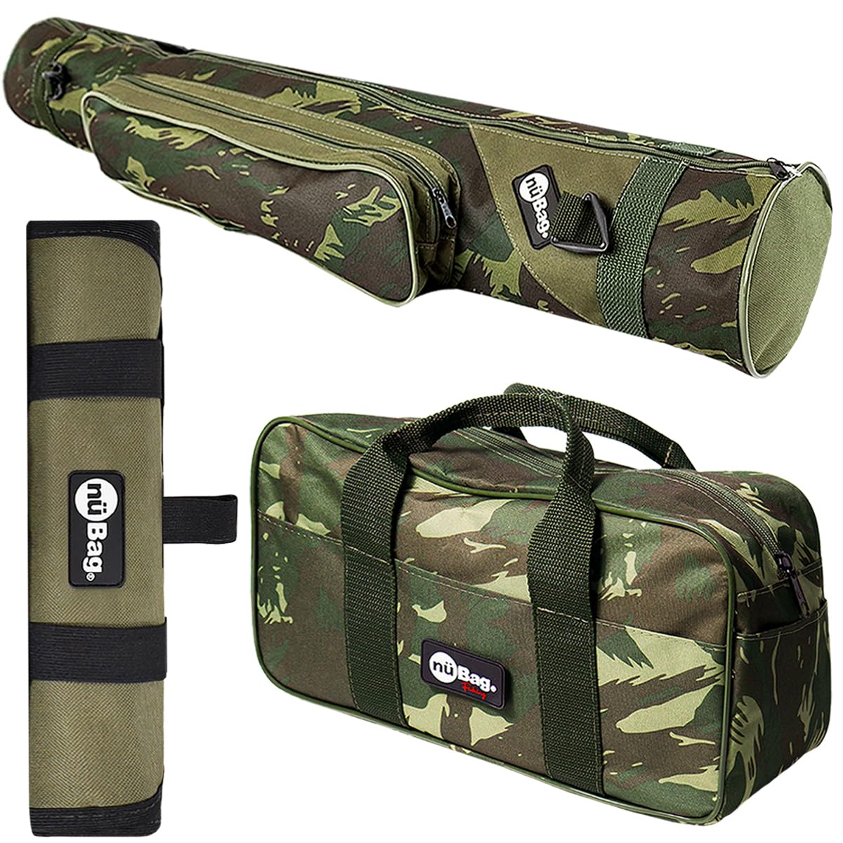 Jogo completo de pesca Nü Bag camuflado com porta varas, bolsa e estojo