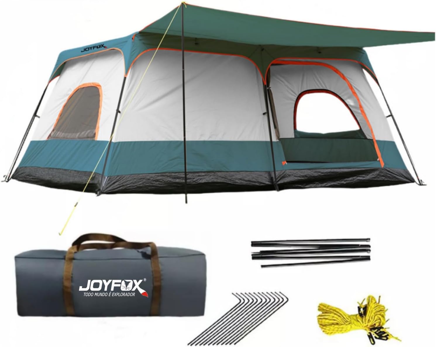 Barraca JOYFOX para 8 a 12 pessoas com toldo frontal e três portas teladas