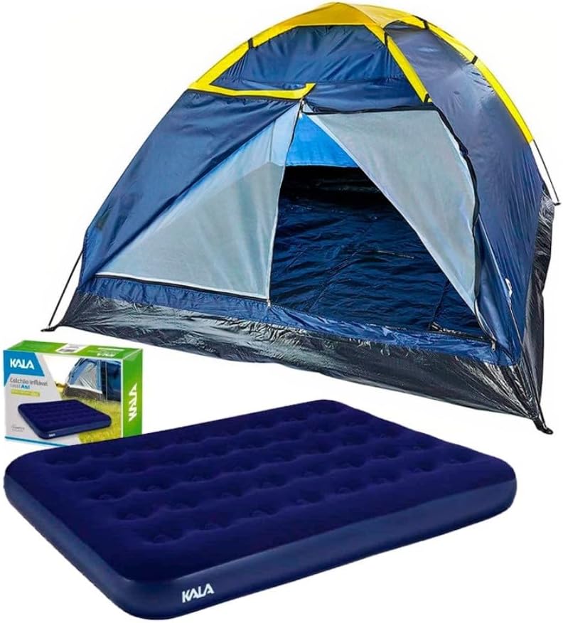 Kit de barraca para 4 pessoas com porta dupla e colchão inflável de casal