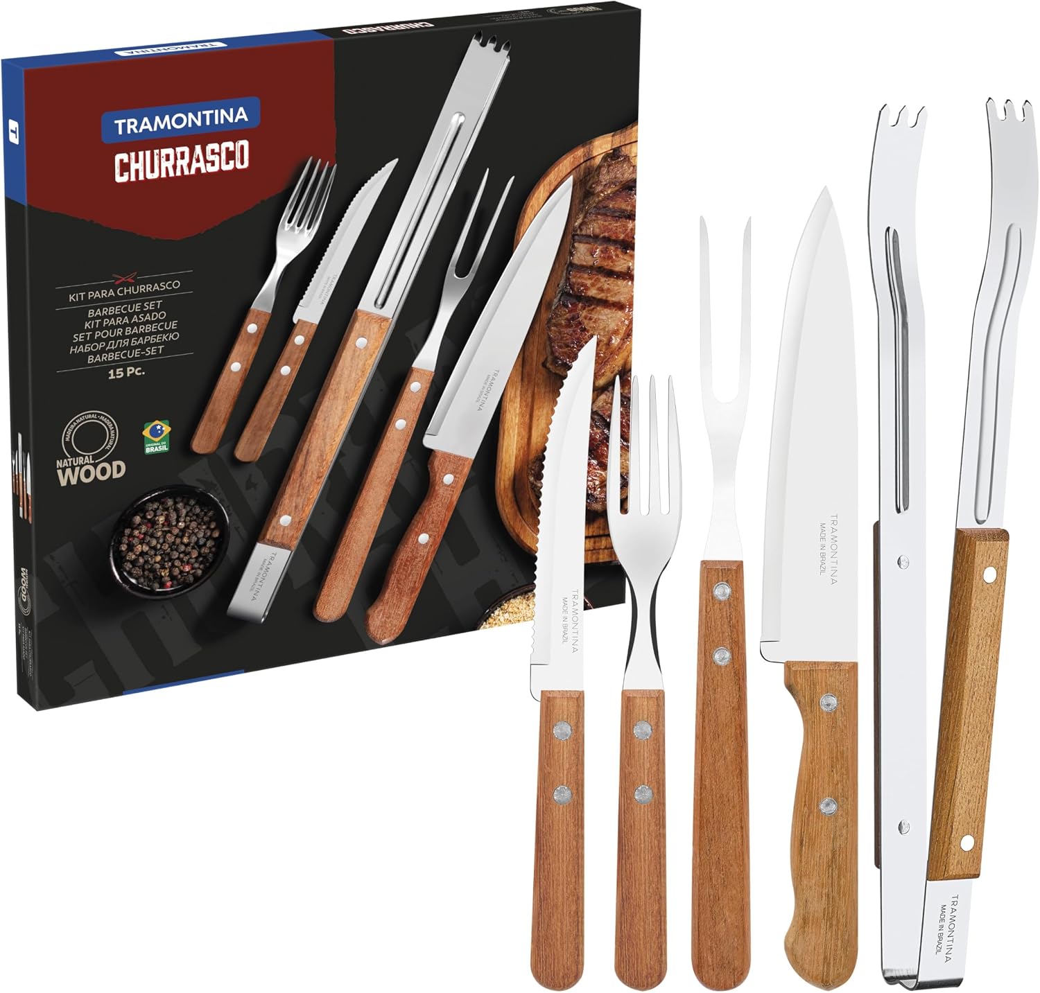 Kit de utensílios para churrasco Tramontina Natural com 15 peças