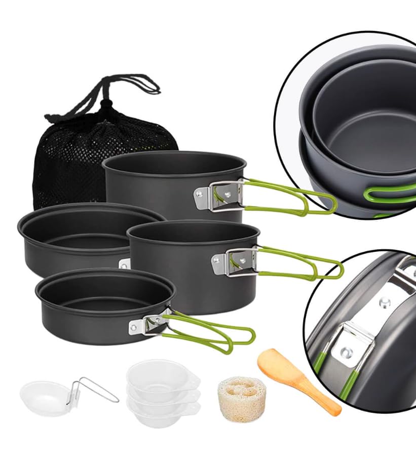 Conjunto de panelas de camping com 10 peças e cabos retráteis